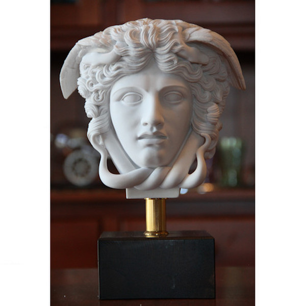 Head Of Medusa Sculptural Bust on Wood Base Made in Italy Marble